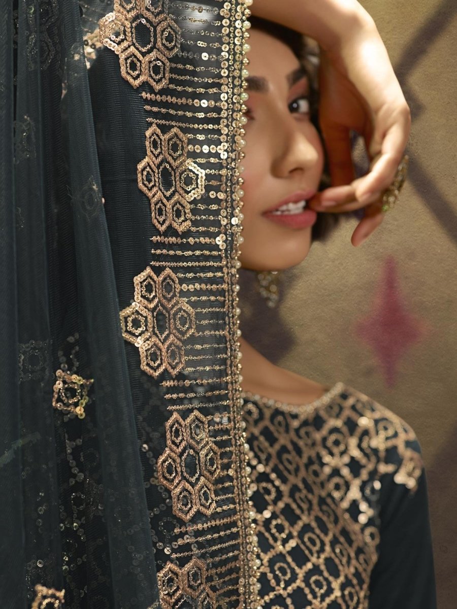 Teal Blue Net Embroidered Partywear Sharara Suit Clothsvilla