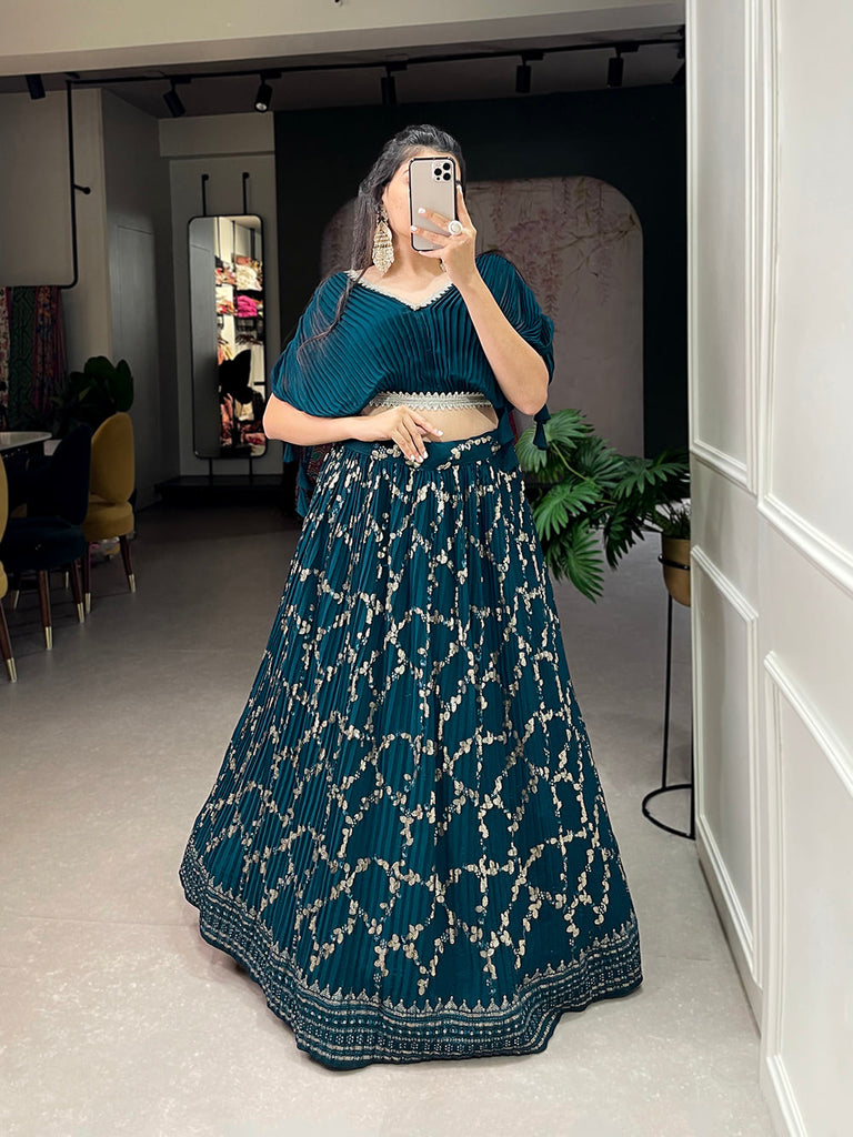 Teal Color Sequins And Thread Embroidery Work Crushed Georgette Co-Ord Set Lehenga Choli ClothsVilla