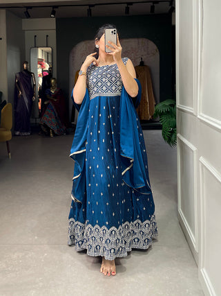 Teal Color Sequins And Thread Embroidery Work Crushed Rangoli Silk Dress Clothsvilla