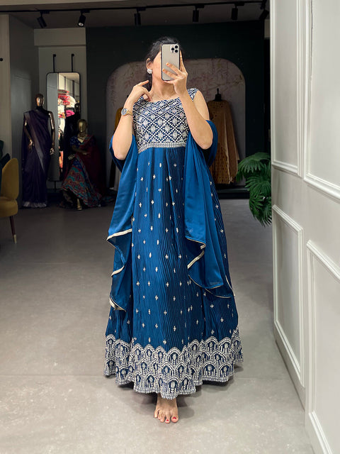 Teal Color Sequins And Thread Embroidery Work Crushed Rangoli Silk Dress Clothsvilla Main image