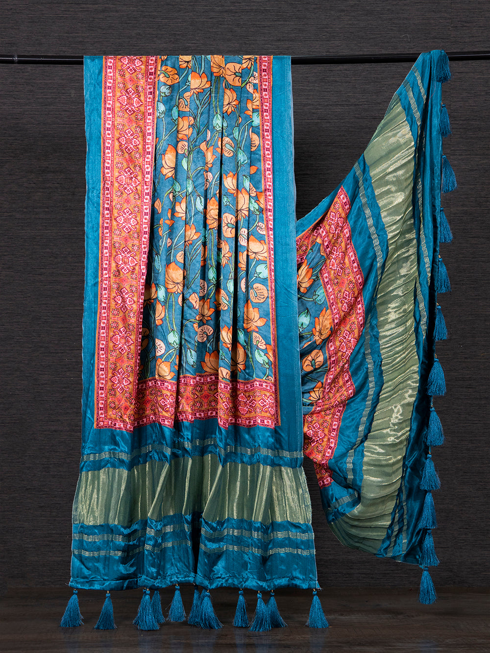 Teal Color Digital Floral Printed Pure Gaji silk Dupatta Clothsvilla Main image
