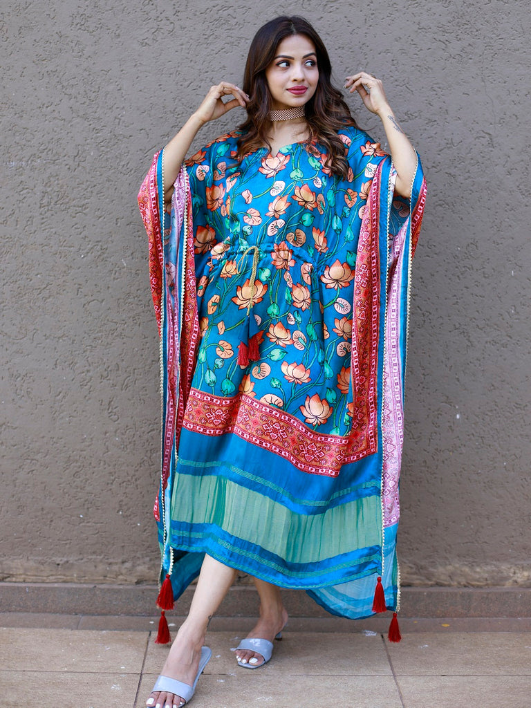 Teal Color Digital Printed Pure Gaji Silk Kaftan Dresses Clothsvilla