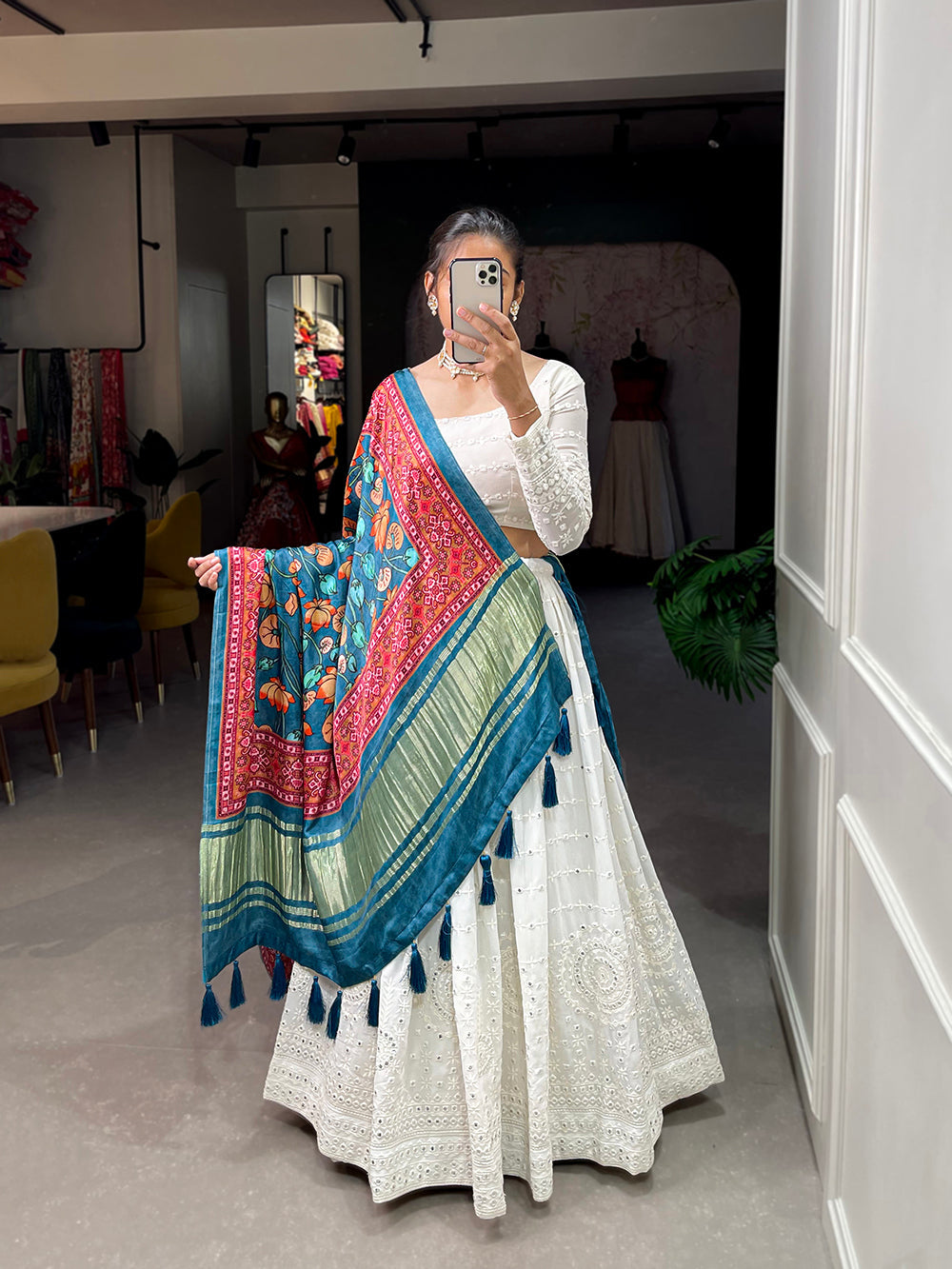 White Color Lucknowi Paper Mirror Work Georgette lehenga Choli ClothsVilla.com
