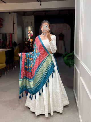 White Color Lucknowi Paper Mirror Work Georgette lehenga Choli ClothsVilla.com