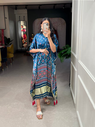 Teal Color Digital Print With Gotta Patti Lace Border Gaji Silk Kaftan ClothsVilla.com