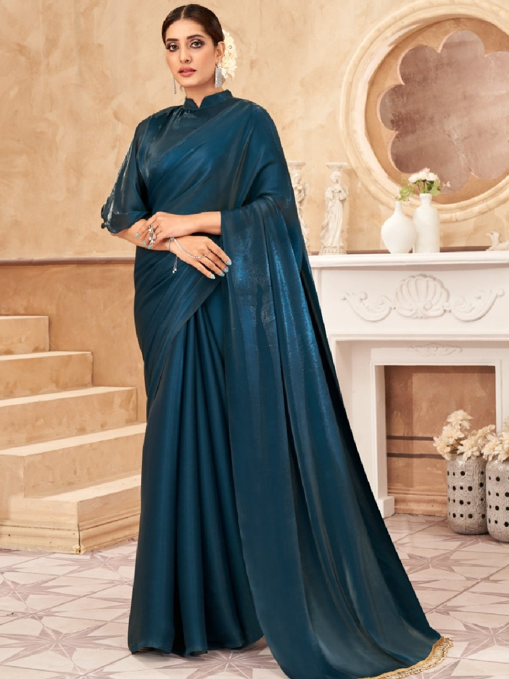 Teal Color Jimi Silk Plain Saree Clothsvilla Main image