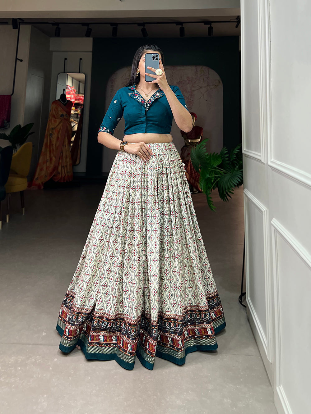 Teal Color Patola With Foil Print Rayon Cotton Co-ord Set Lehenga Choli Clothsvilla