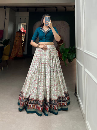 Teal Color Patola With Foil Print Rayon Cotton Co-ord Set Lehenga Choli Clothsvilla