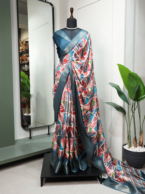 Teal Color Printed With Zari Border Dola Silk Saree Clothsvilla Main image