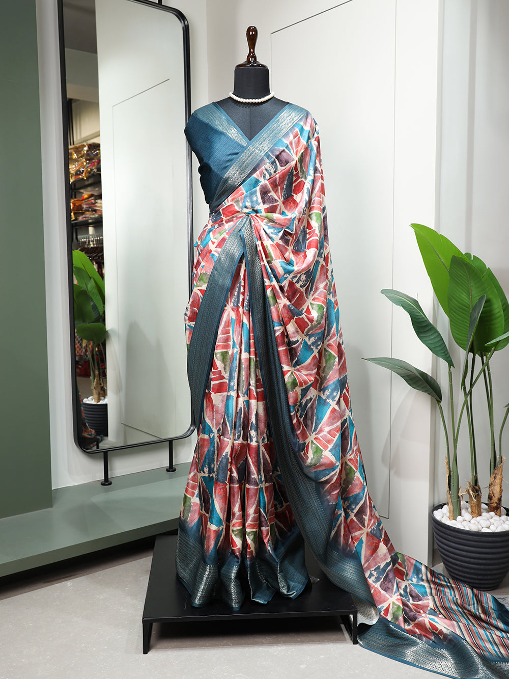 Teal Color Printed With Zari Border Dola Silk Saree Clothsvilla