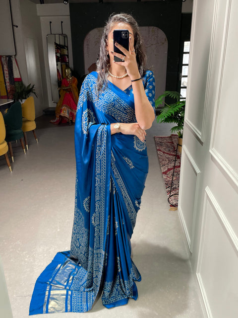 Teal Color Semi Gaji Satin Saree With Foil And Print Work Clothsvilla Main image
