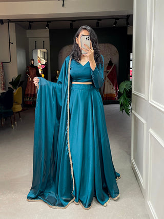 Teal Color Plain With Lace Border Rangoli Silk Lehenga Choli Set ClothsVilla