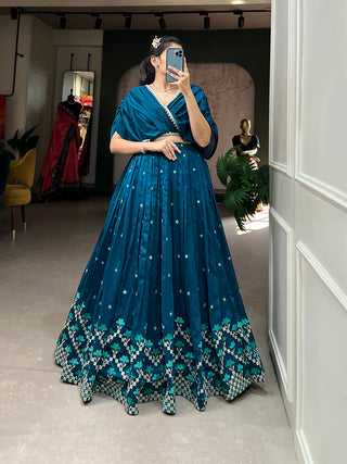 Teal Color Thread Embroidery Work Vichitra Silk Lehenga Choli Clothsvilla