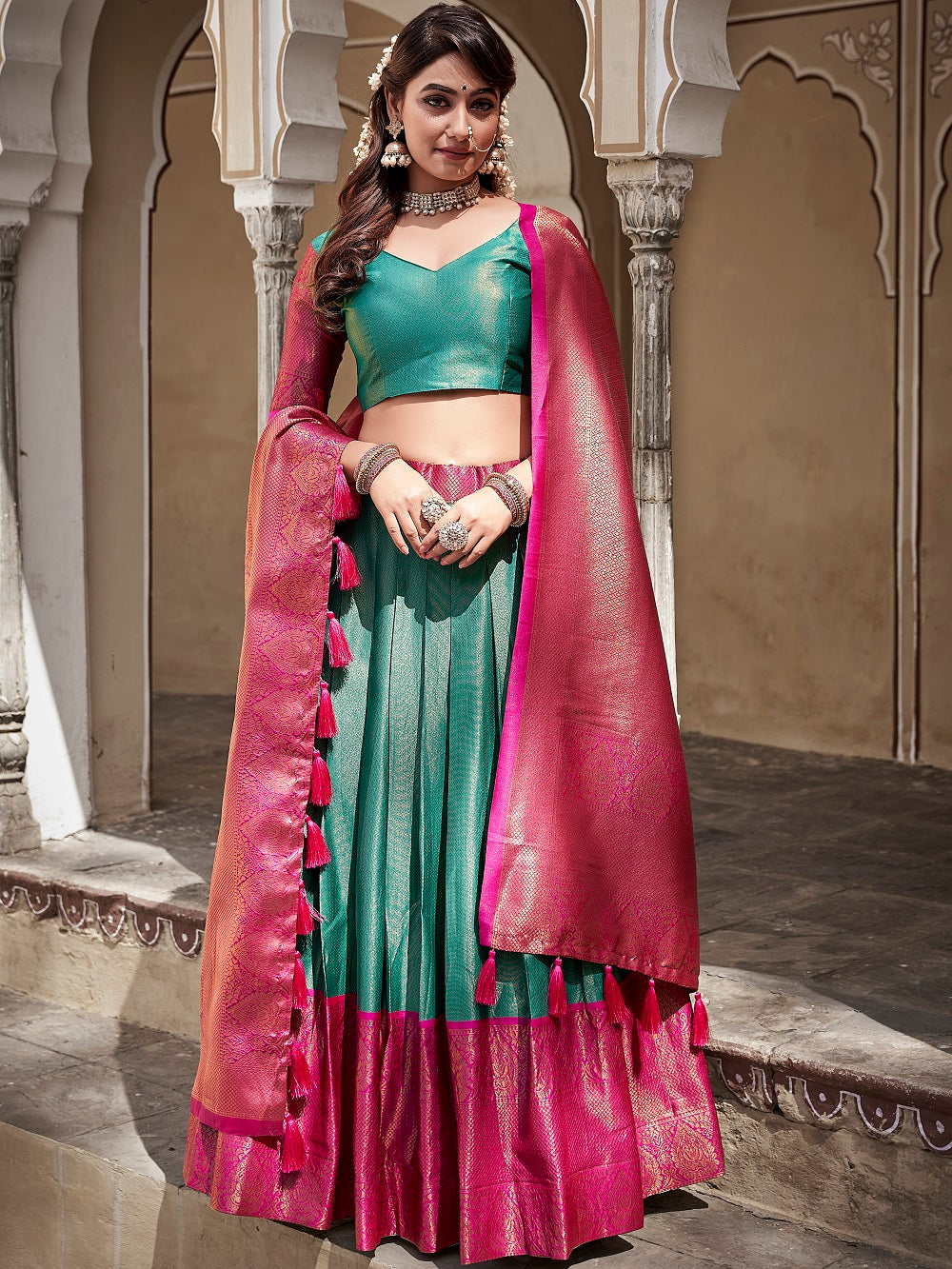 Teal Color Zari Weaving Work Jacquard Silk hyderabadi Lehenga Choli ClothsVilla.com