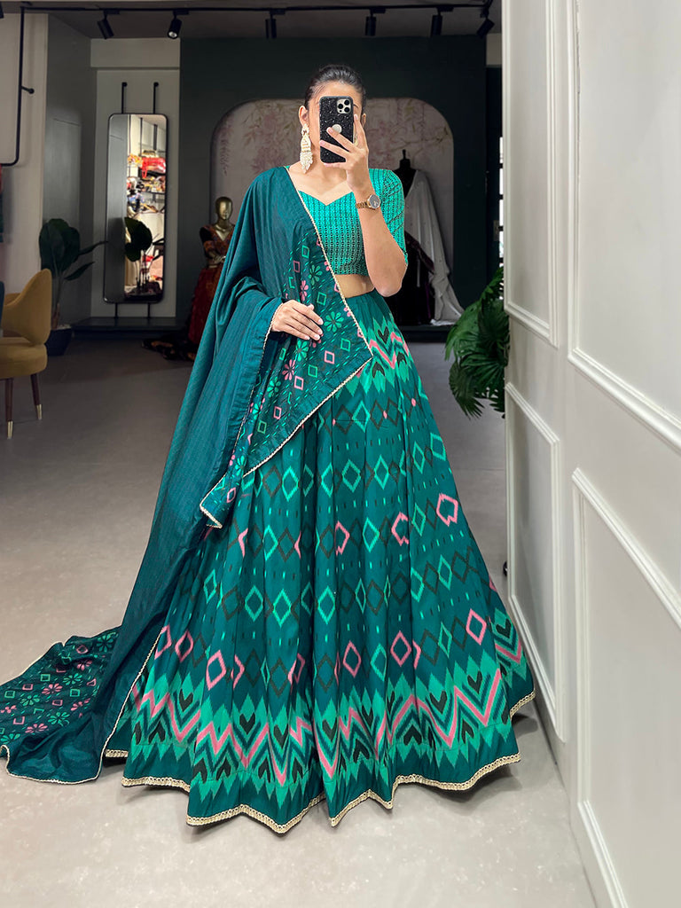 Teal Color Printed With Lace Border Vaishali Silk Indian Wedding Lehenga Choli Clothsvilla