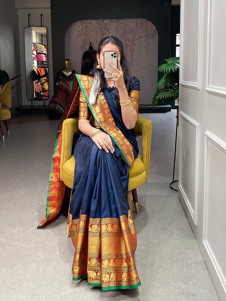 Navy Blue Color Zari Weaving Work Narayan Pet Saree Clothsvilla