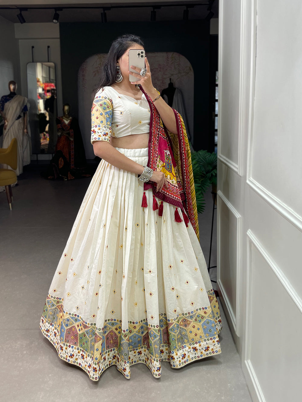 Temple Design Sequins And Thread Embroidery Work Khadi Cotton Wedding Wear Lehenga Choli Clothsvilla