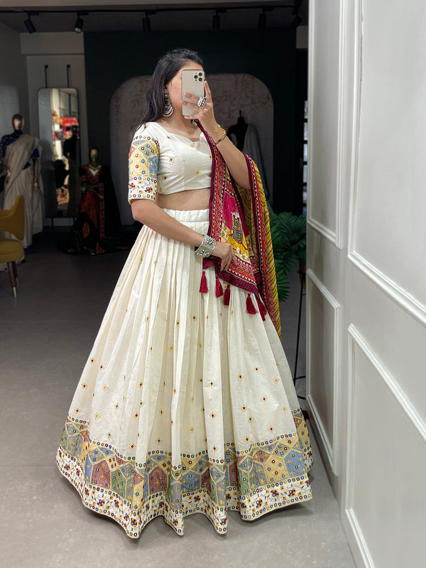 Temple Design Sequins And Thread Embroidery Work Khadi Cotton Wedding Wear Lehenga Choli Clothsvilla