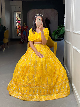 Yellow Color Sequins and Embroidery Thread Work Georgette Co-Ord Set Lehenga Choli ClothsVilla.com