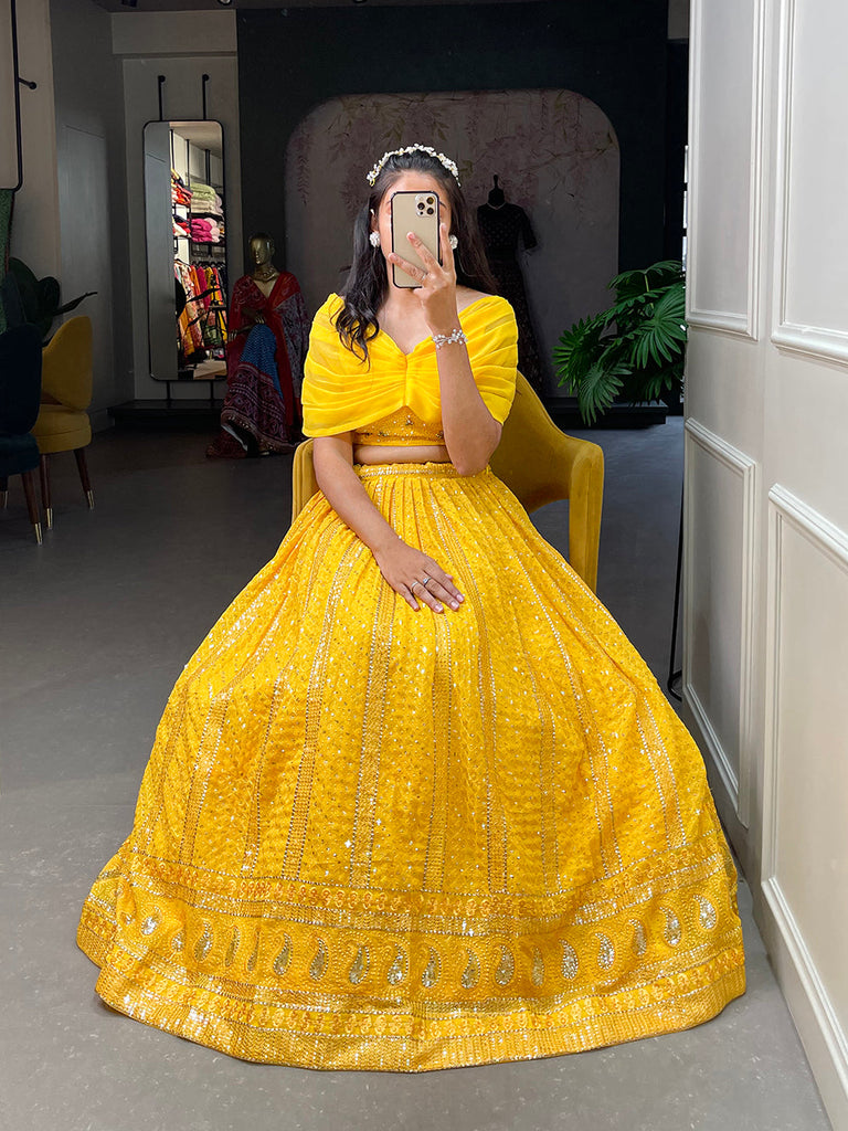 Party Wear Yellow Crop Top Lehenga With Dupatta For Women