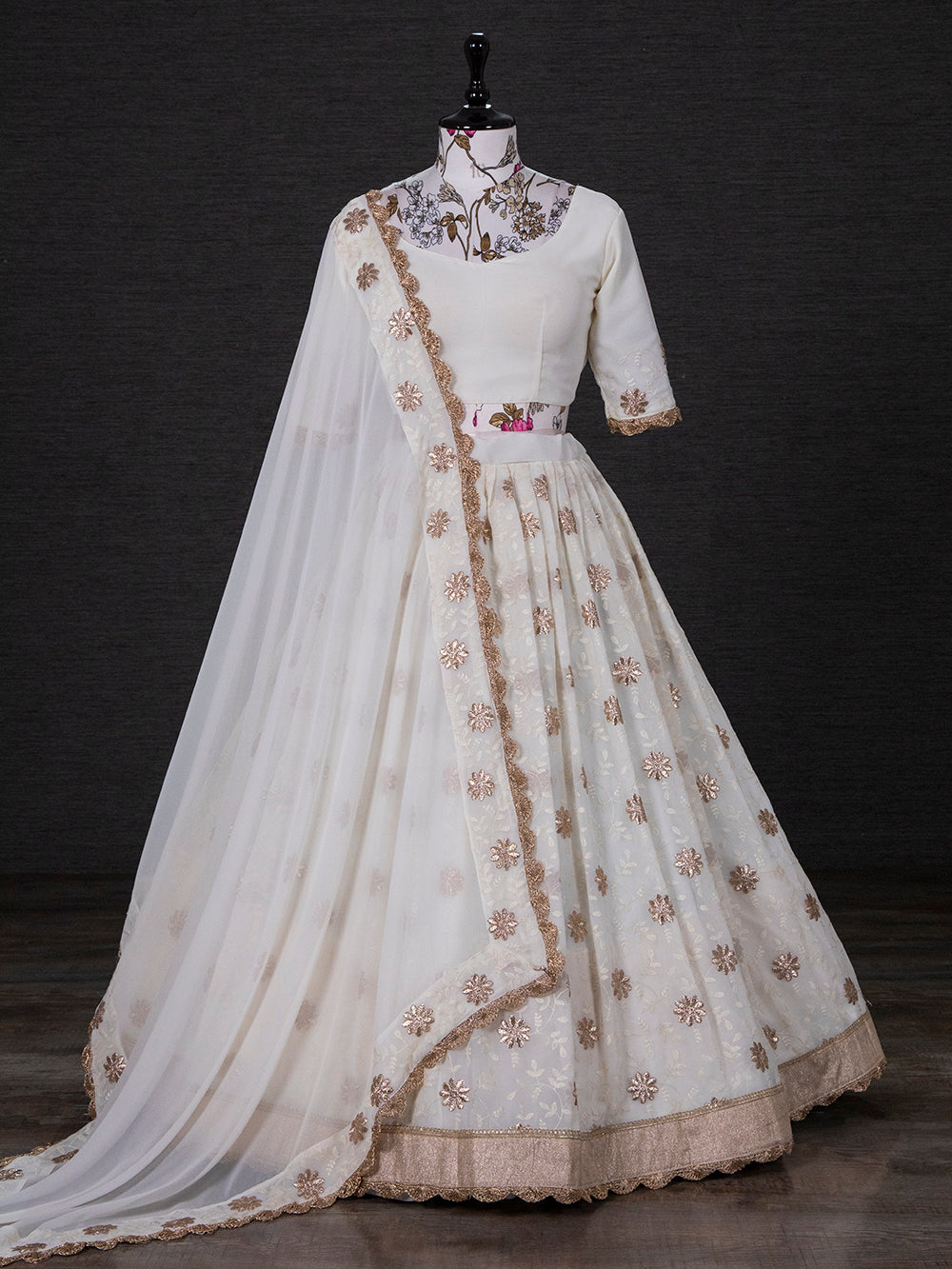 White Color Thread Embroidery Work Georgette South Indian Lehenga Choli Clothsvilla