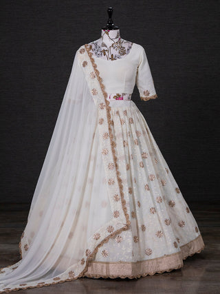 White Color Thread Embroidery Work Georgette South Indian Lehenga Choli Clothsvilla