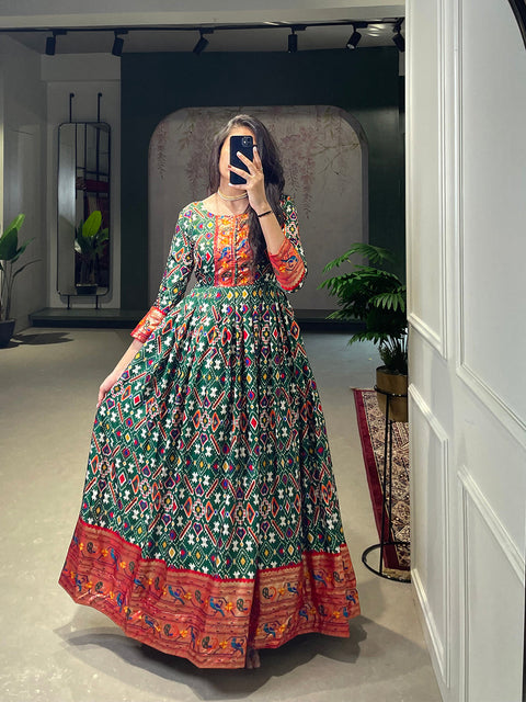 Green Color Patola Paithani Printed And Foil Printed Silk Gown Clothsvilla Main image