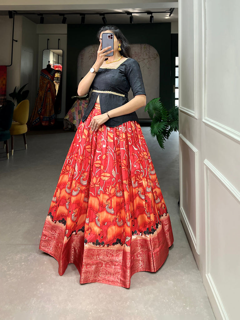 Red Color Digital Print And Zari Weaving Work Dola Silk Lehenga Choli Clothsvilla