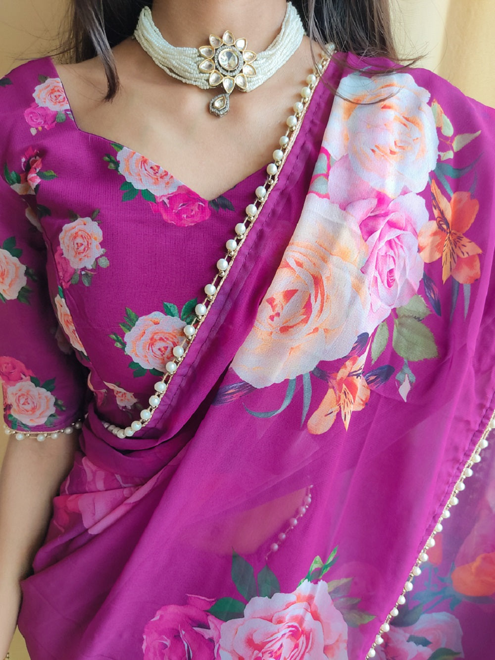 Purple Color Printed With Peral Lace Border Georgette Fancy Saree Clothsvilla Main image