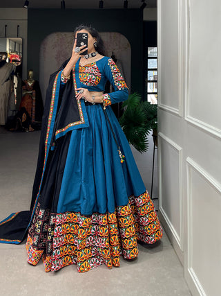 Black Color Plain With Printed Gamthi Work Cotton Navaratri Lehenga Choli ClothsVilla.com