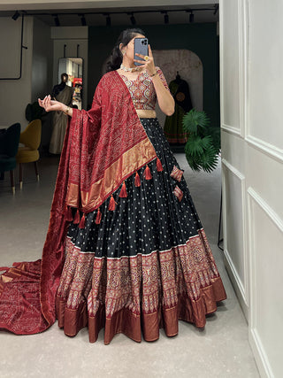 Black Color Bandhani And Ajrakh Print With Foil Work  Dola Silk Chaniya Choli Clothsvilla