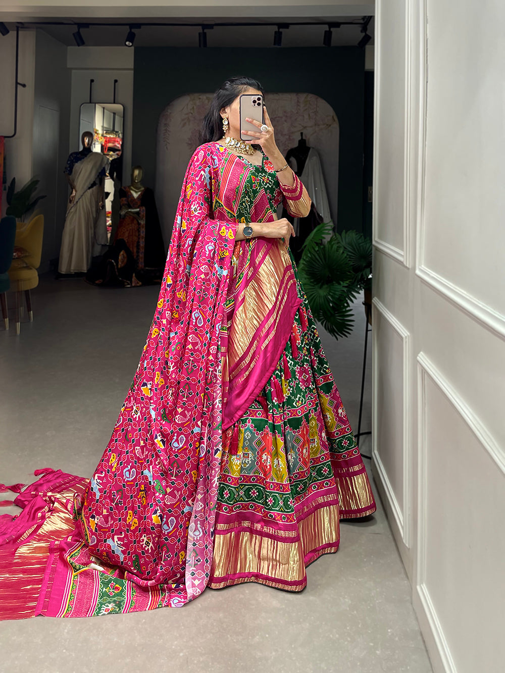 Green Color Digital Printed With Lagadi Patta Gaji Silk Lehenga Choli Clothsvilla