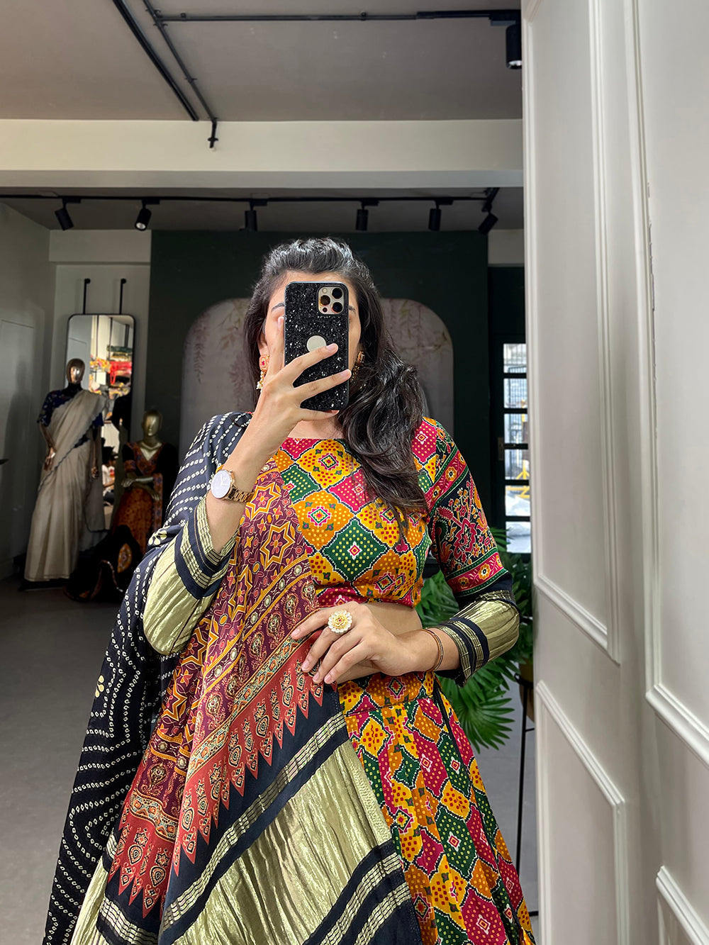 Multi Color Digital Printed With Lagadi Patta Gaji Silk Lehenga Choli Clothsvilla