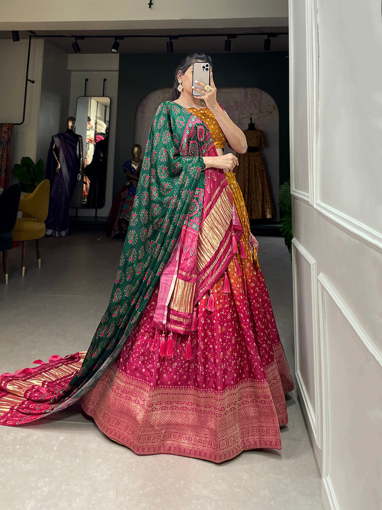 Mustard Color Printed With Zari Weaving Work Viscose Dola Silk Lehenga Choli Clothsvilla