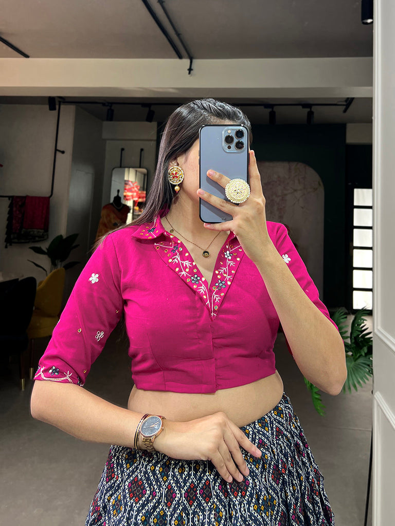 Navy Blue Color Patola With Foil Print Rayon Cotton Co-ord Set Lehenga Choli Clothsvilla