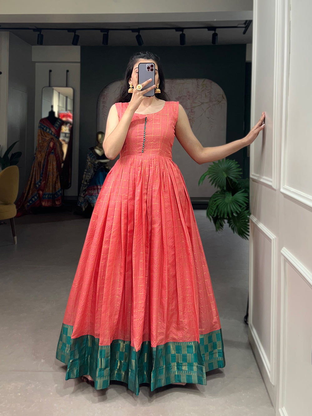 Pink Color Zari Weaving Work Zari Chex Festival Dress Clothsvilla