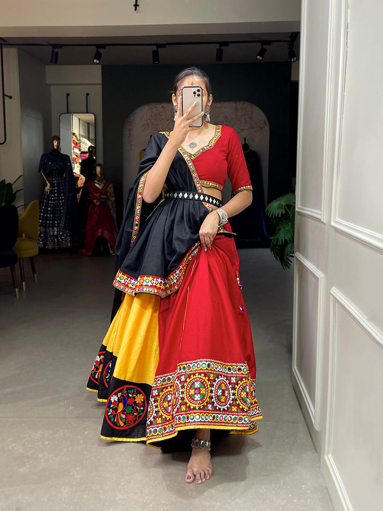 Red Color Gamthi And Mirror Work Chaniya Choli ClothsVilla.com
