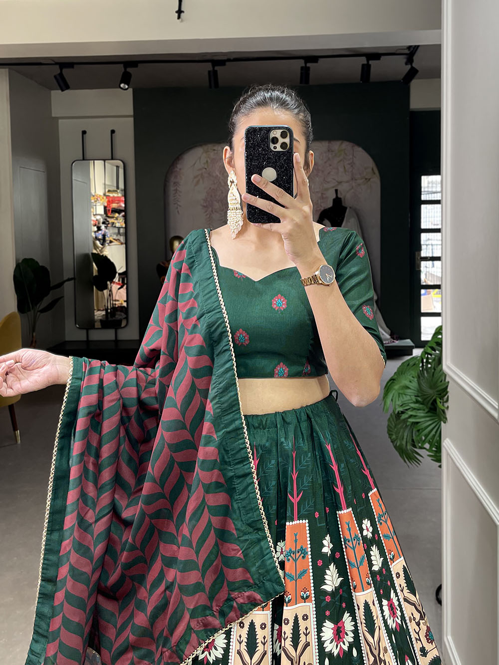 Green Color Printed With Lace Border Vaishali Silk Traditional Lehenga Choli Clothsvilla