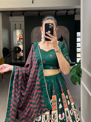 Green Color Printed With Lace Border Vaishali Silk Traditional Lehenga Choli Clothsvilla