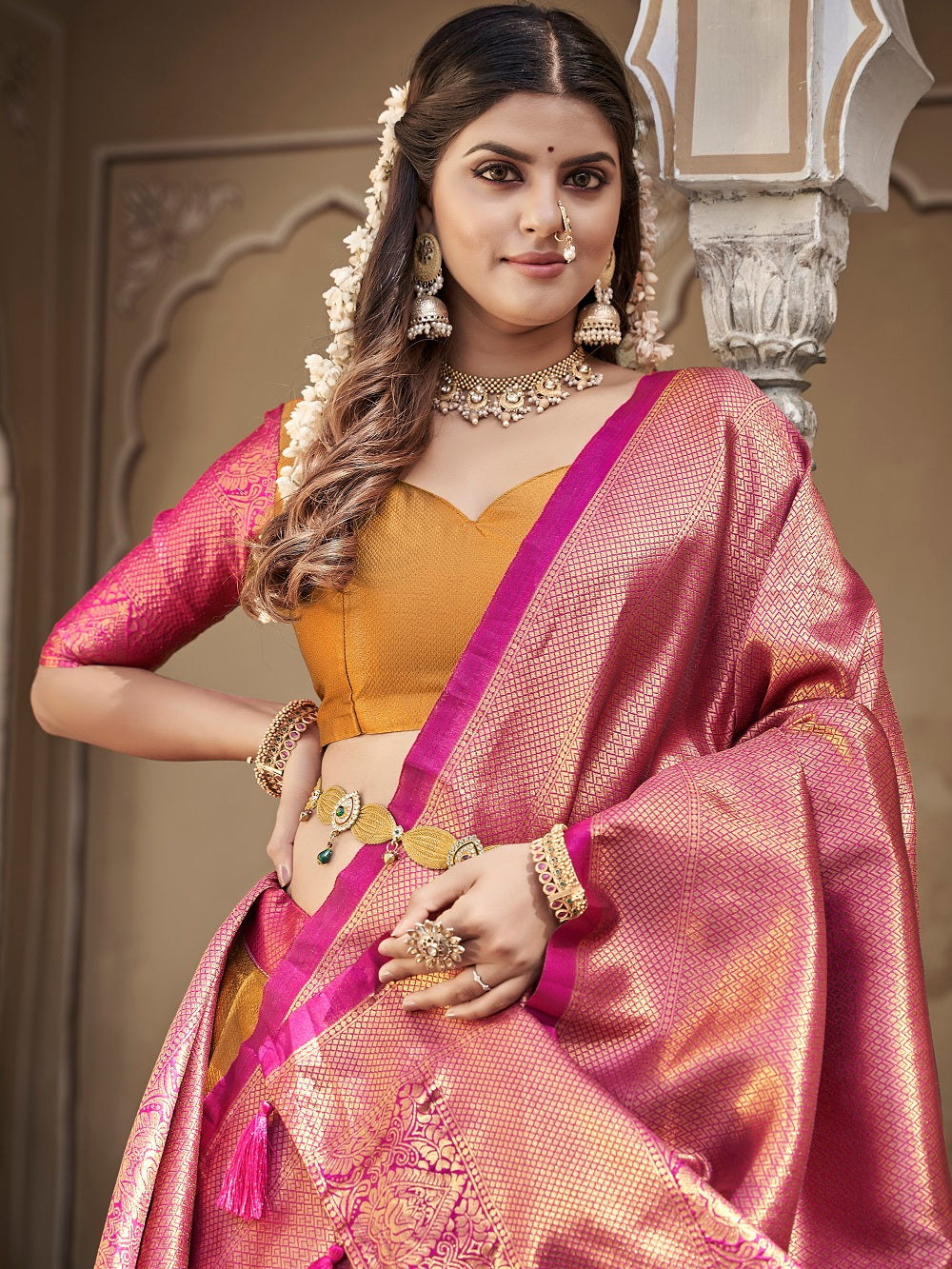 Mustard Color Zari Weaving Work Jacquard Silk Lehenga Choli ClothsVilla.com