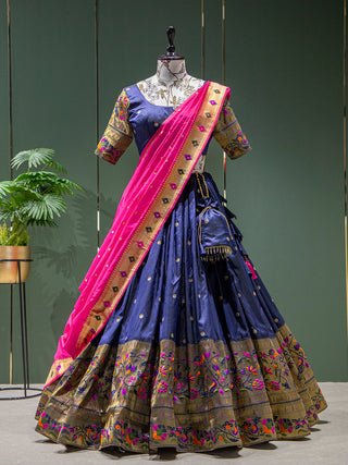 Navy Blue Color Weaving Zari Work Jacquard Paithani Lehenga Choli Clothsvilla