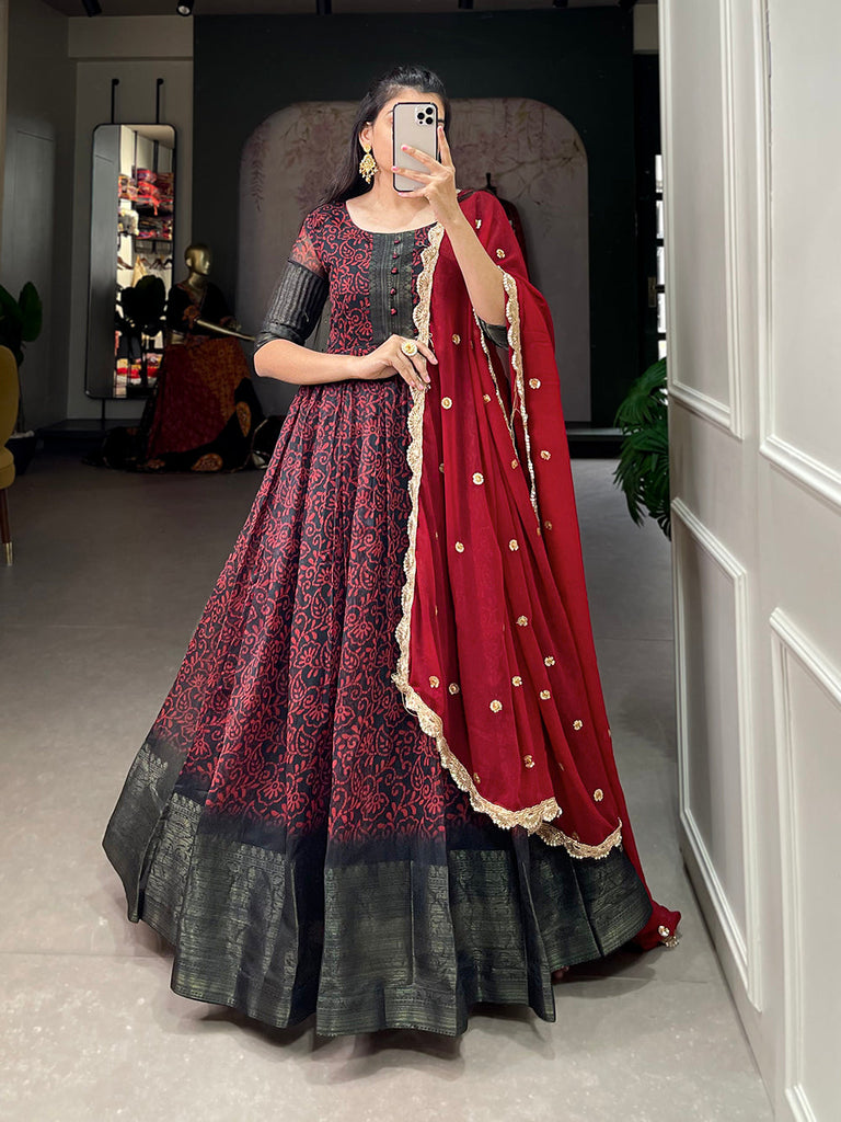 Maroon Color Printed With Weaving Work Patta Soft Chanderi  Dress Clothsvilla