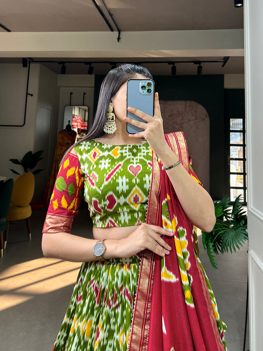 Mehendi Color Patola Print With Foil Work Tussar Silk Lehnga Choli Clothsvilla