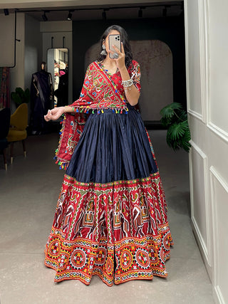 Navy Blue Color Patola Print With Gamthi Work And Mirror Work Dola Silk Chaniya Choli ClothsVilla.com