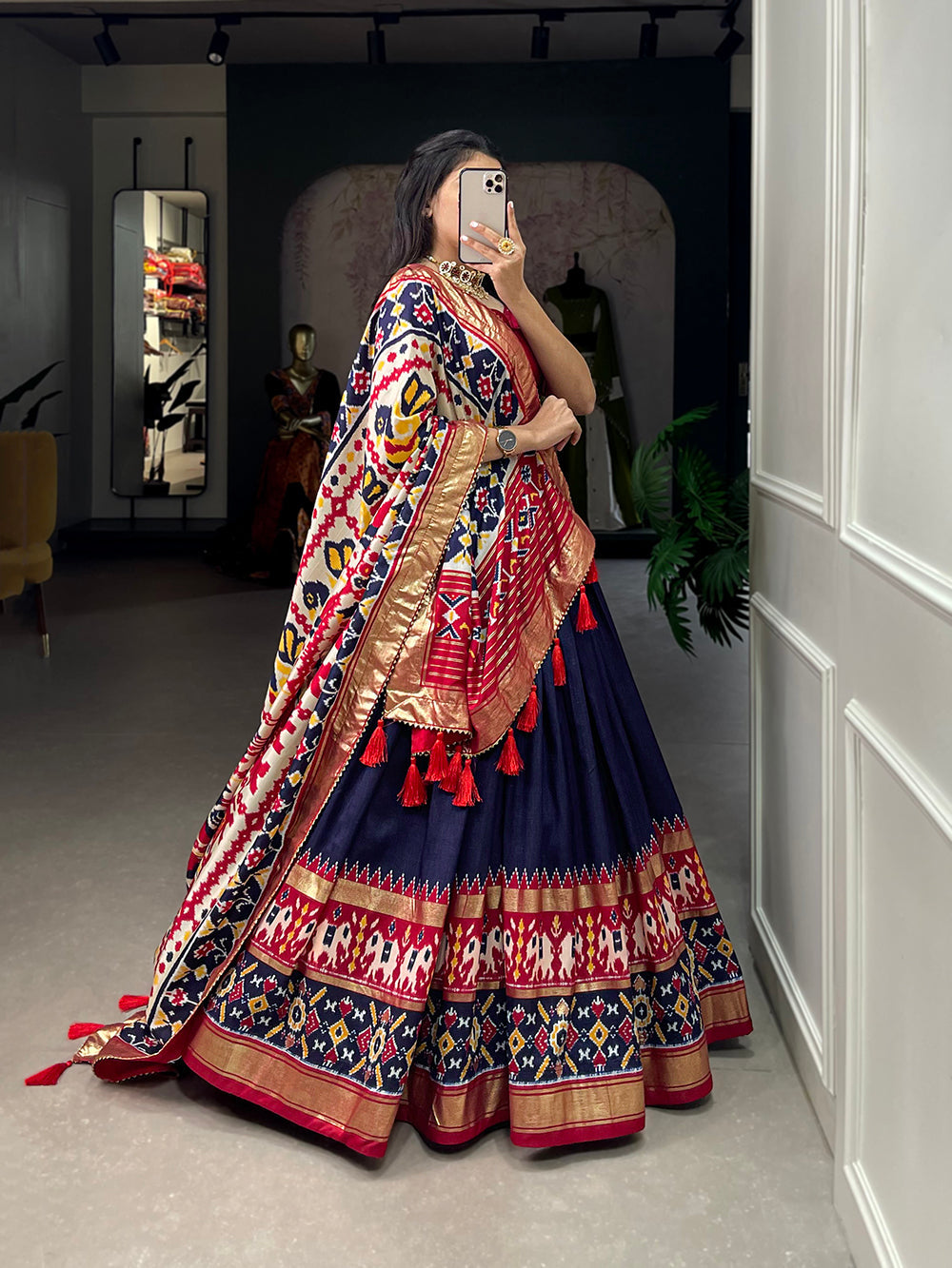 Navy Blue Color Ikkat Patola Print With Foil Work Tussar Silk Lehenga Choli ClothsVilla