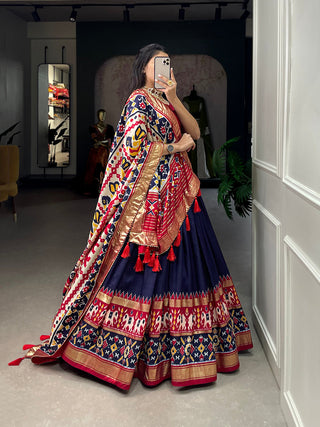 Navy Blue Color Ikkat Patola Print With Foil Work Tussar Silk Lehenga Choli ClothsVilla