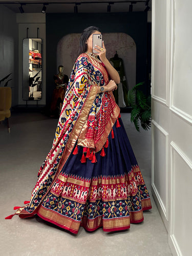 Navy Blue Color Ikkat Patola Print With Foil Work Tussar Silk Lehenga Choli ClothsVilla