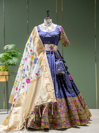 Navy Blue Color Weaving Zari Work Jacquard Paithani Lehenga Sets Clothsvilla