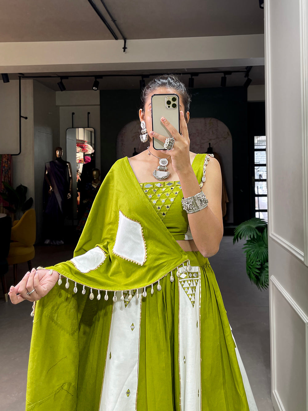 Parrot Color Mirror Work With Gota Patti Cotton Chaniya Choli ClothsVilla