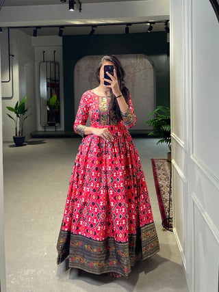 Crimson Color Patola Paithani Printed And Foil Printed Silk Gown Clothsvilla